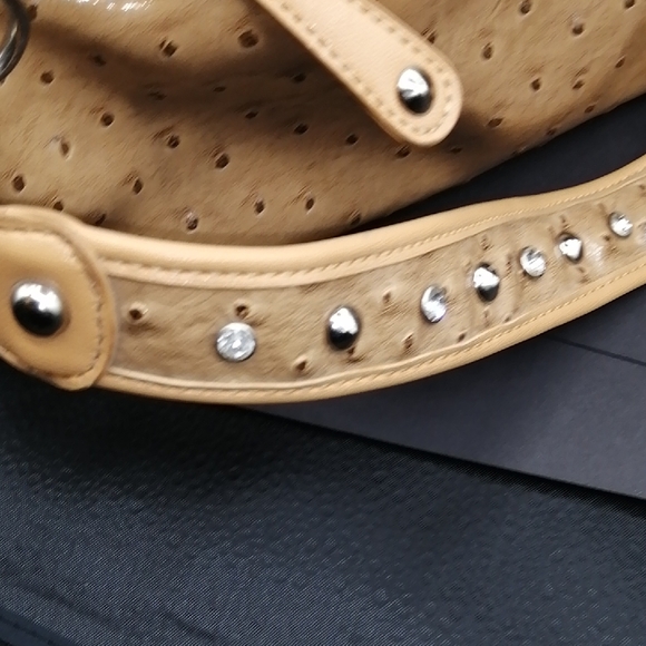 Silverake Tan Ostrich Embossed Vegan Leather With Sparkling Crystals ShoulderBag - Picture 8 of 15